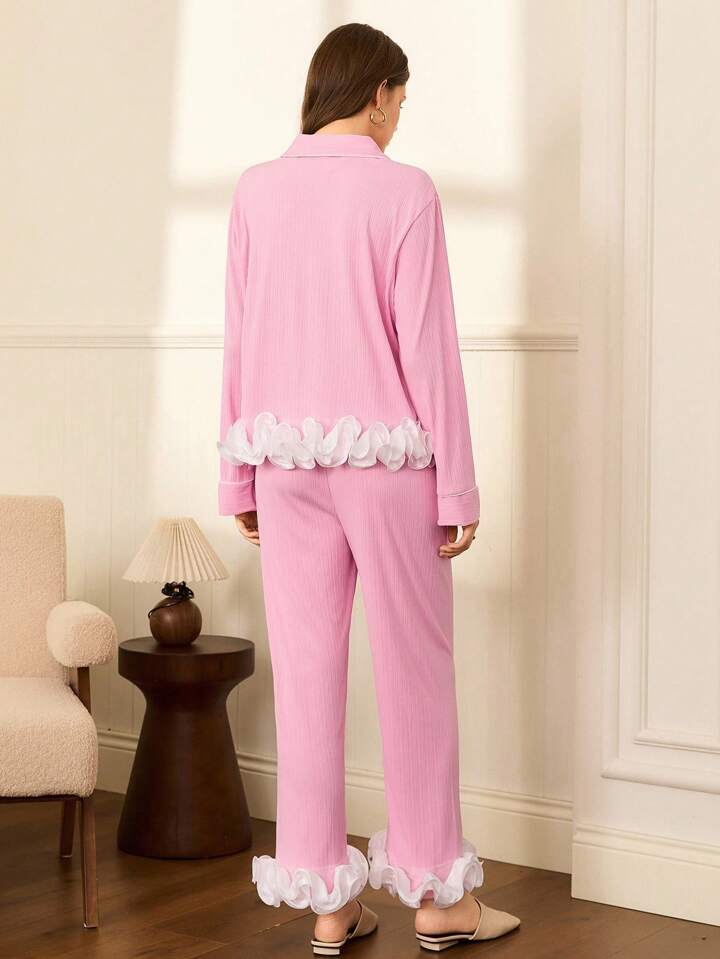 CM-LS632282 Women Trendy Seoul Style 3D Floral Patchwork Lapel Asymmetrical Ribbed Pajama Set - Pink