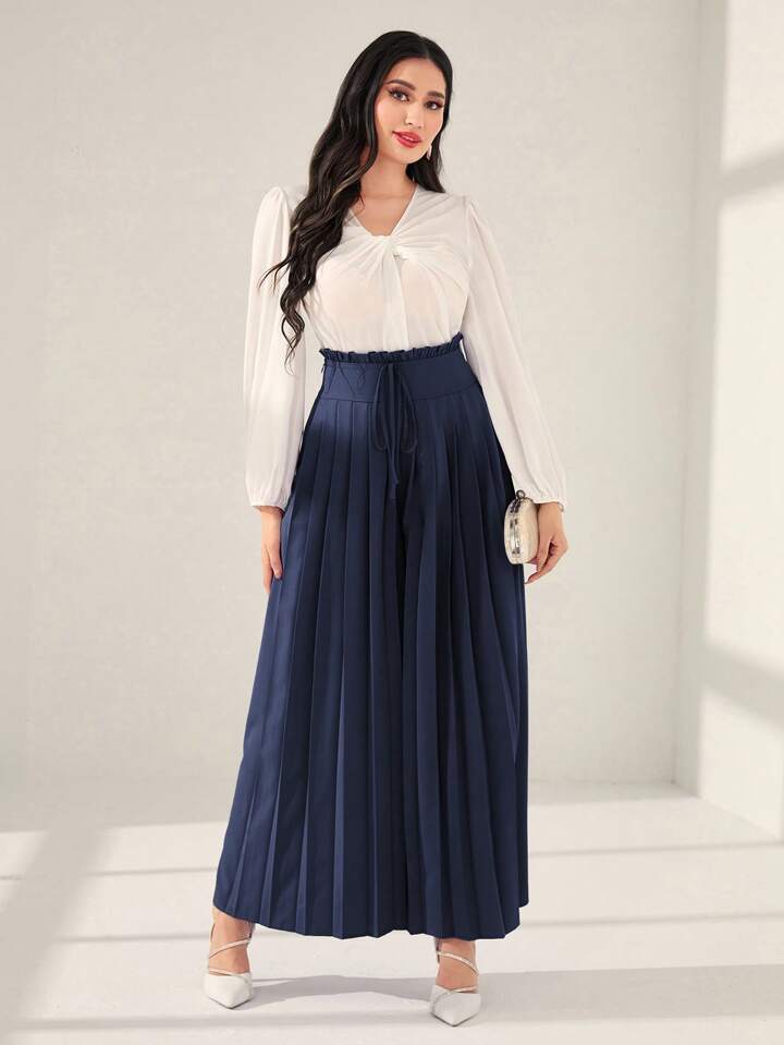 CM-BS418535 Women Trendy Bohemian Style High Waist Pleated Wide Leg Pants - Navy Blue