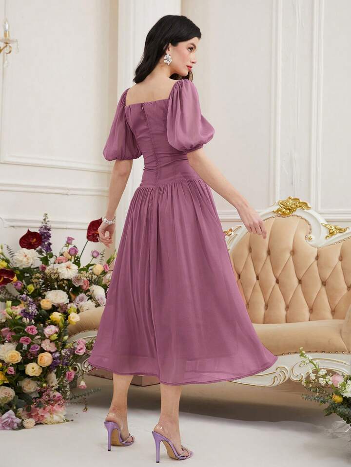 CM-DS785447 Women Elegant Seoul Style Square Neck Short Puff Sleeve Pleated Dress