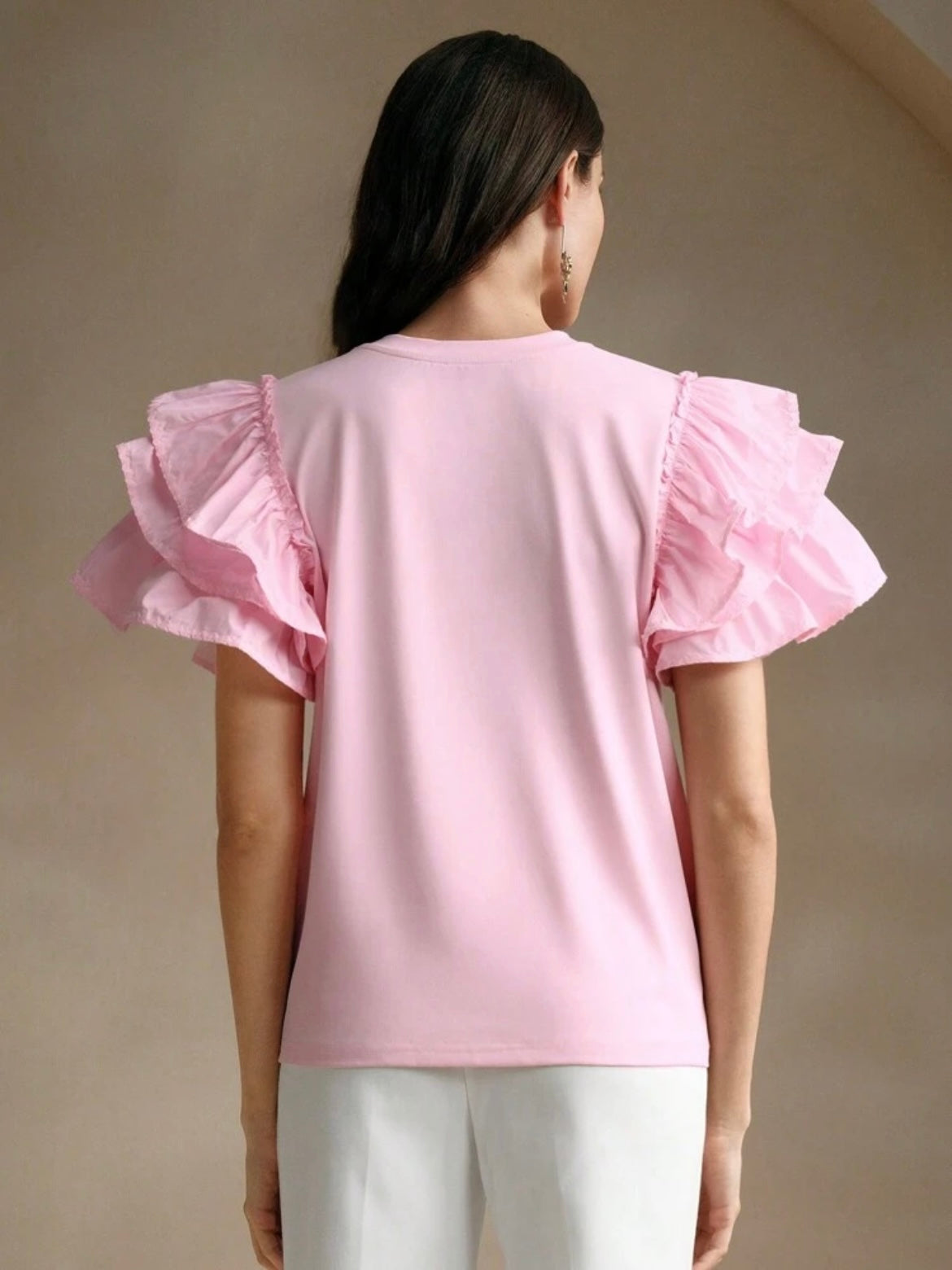 CM-TS461880 Women Casual Seoul Style Round Neck Puff Sleeve Ruffle Hem Splice Short Sleeve T-Shirt