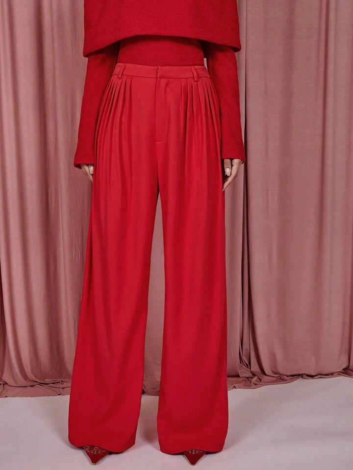 CM-BS170218 Women Elegant Seoul Style High Waist Pleated Long Straight Leg Pants - Red