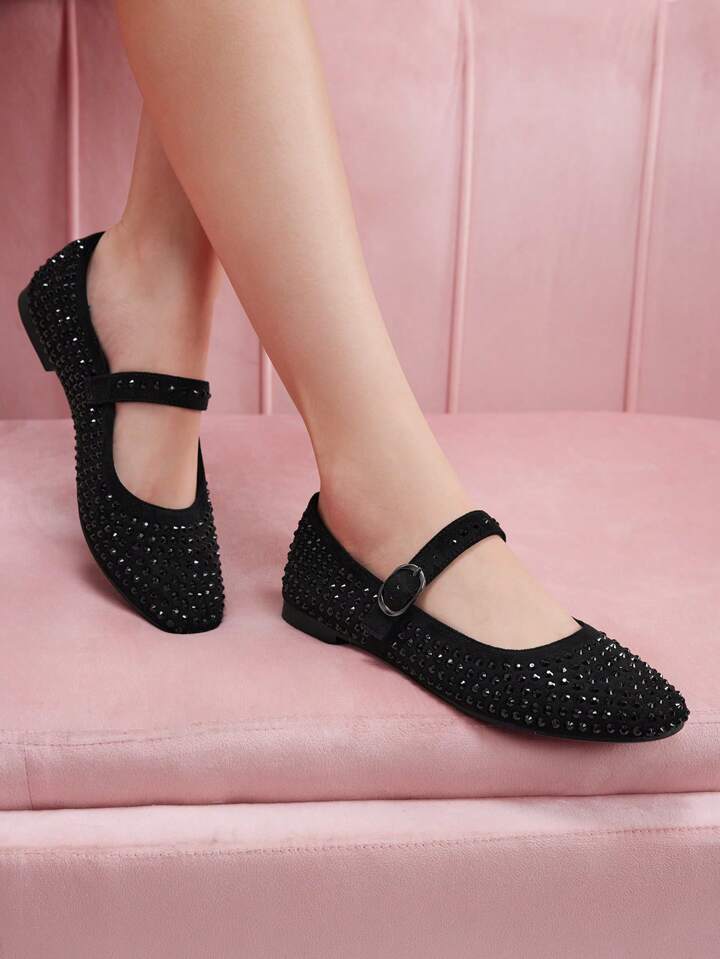 CM-SHS622262 Women Trendy Seoul Style Rhinestoned Flats Low Heel Shoes - Black