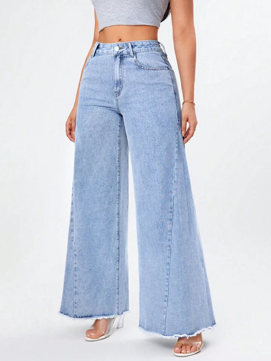 CM-BS896065 Women Casual Seoul Style Light Wash High Waist Raw Hem Wide Leg Jeans