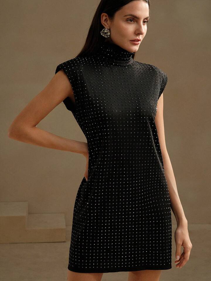 CM-DS773291 Women Elegant Seoul Style High Neck Stud-Embellished Woven Mini Dress - Black