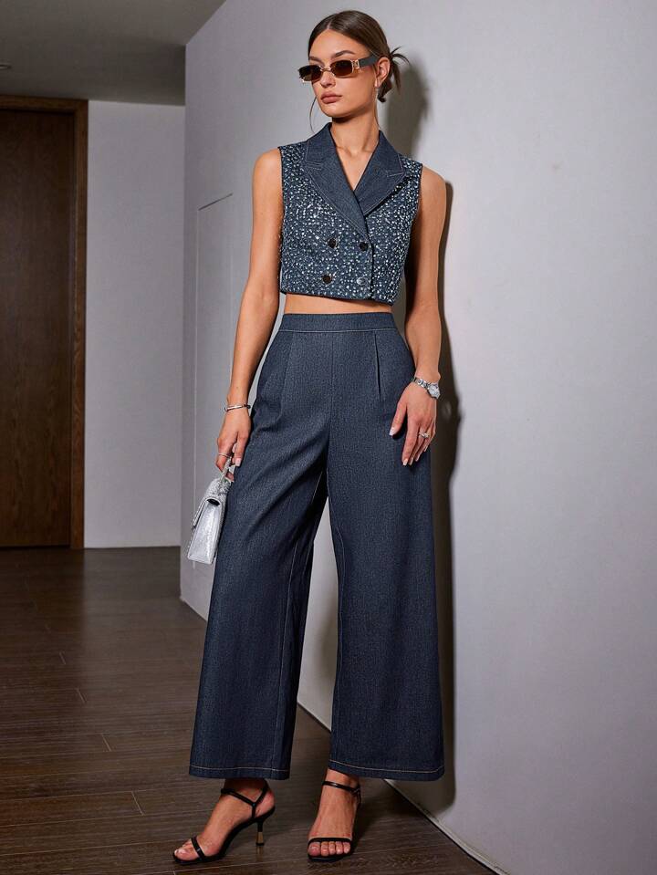 CM-SS203506 Women Elegant Seoul Style Sparkly Patchwork Double-Breasted Sleeveless Top With Pants - Set