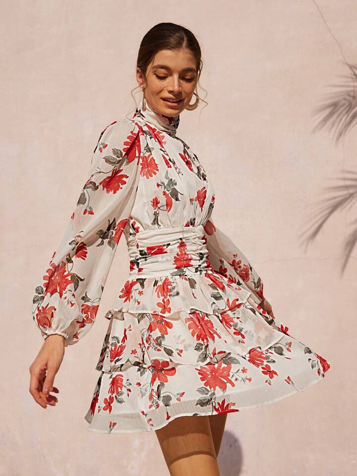 CM-DS030559 Women Casual Seoul Style Round Neck Puff Sleeve Colorblock Floral Print Layered Mini Dress