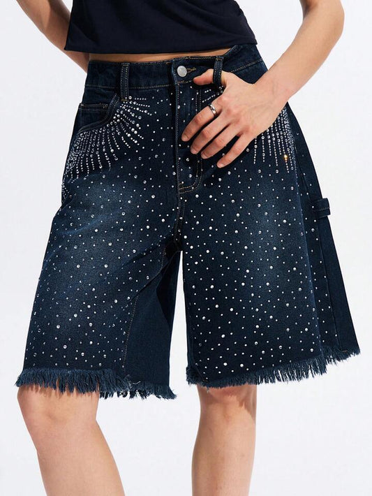 CM-BS943987 Women Casual Seoul Style Rhinestone Side Pockets Drop Waist Loose Denim Shorts