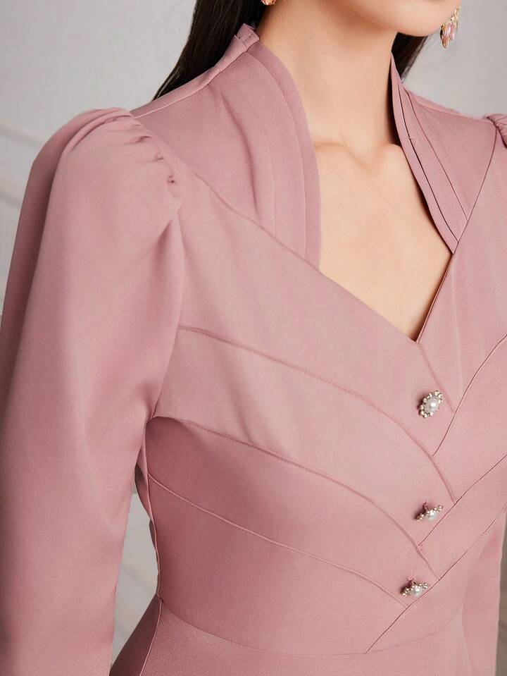 CM-DS404115 Women Elegant Seoul Style Sweetheart Neckline Button Detail Belted Dress - Pink