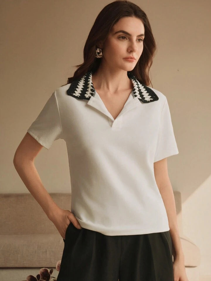 CM-TS122449 Women Casual Seoul Style Color Block Ribbed Trim Short Sleeve T-Shirt - White