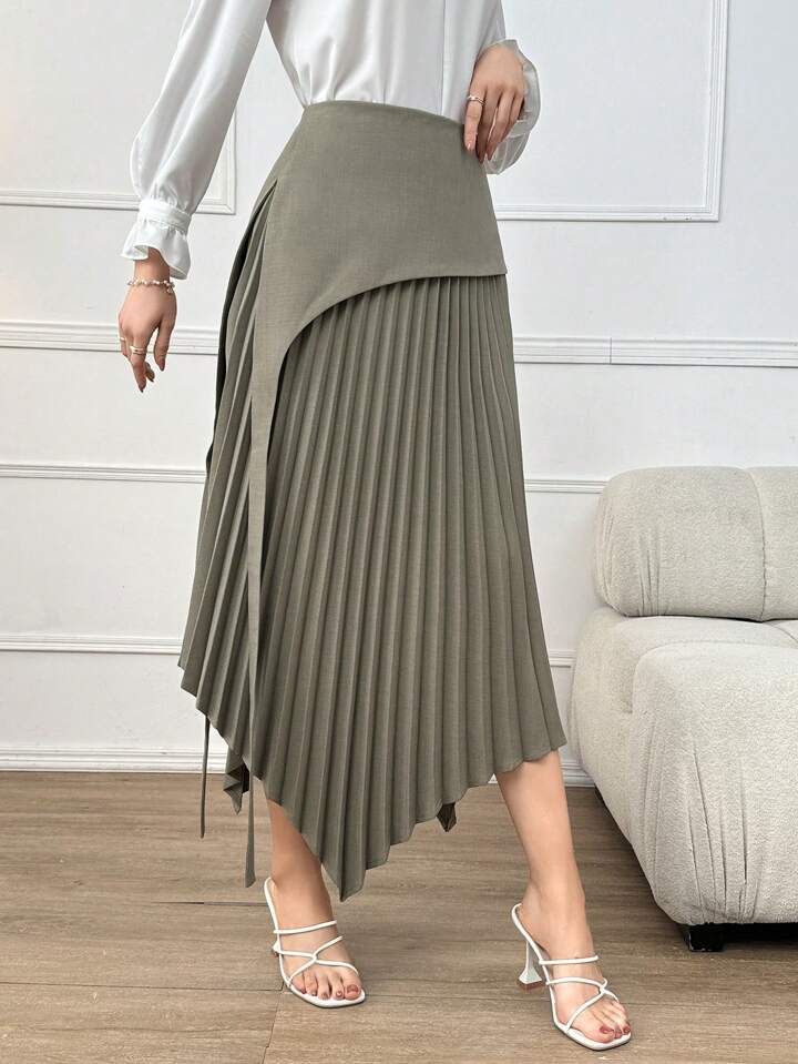 CM-BS055268 Women Elegant Seoul Style Solid Color Asymmetric Hem Pleated Skirt - Army Green