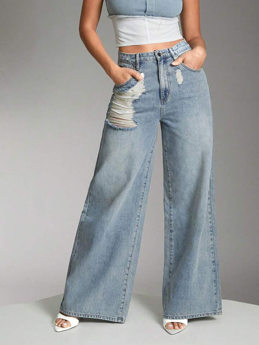 CM-BS623400 Women Casual Seoul Style Light Wash Shredded Wide Leg Denim Jeans