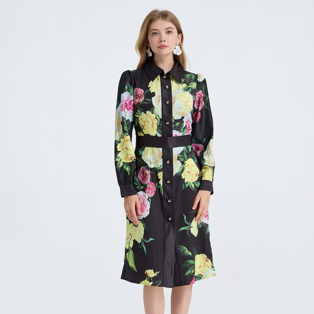 CM-DY053339 Women Elegant European Style Floral Print Collar Neckline Long Sleeve Midi Dress - Black
