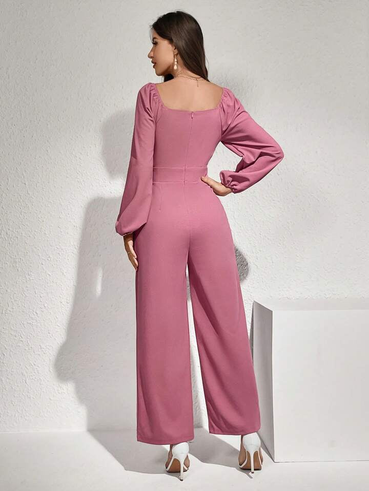 CM-JS298299 Women Elegant Seoul Style High Neck Lantern Sleeve Jumpsuit - Pink