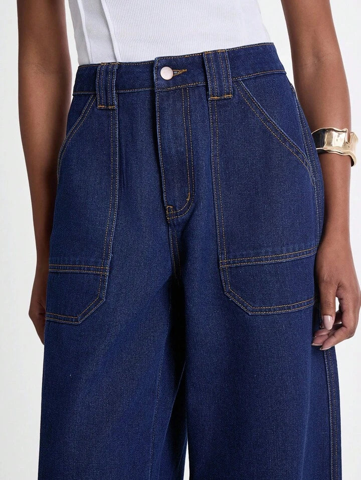 CM-BS290295 Women Casual Seoul Style Dark Wash High Waist Baggy Pocket Wide Leg Jeans