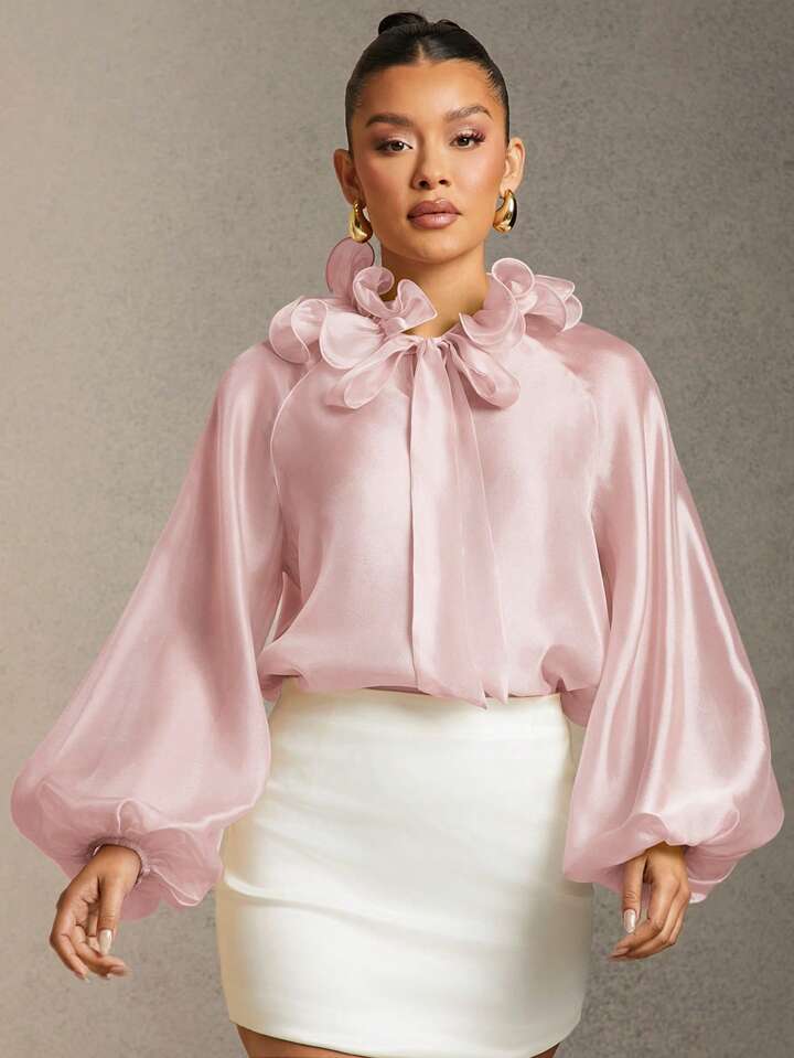 CM-TS725292 Women Elegant Seoul Style Solid Color Ruffle Trim Tie Neck Lantern Sleeve Blouse - Dusty Pink