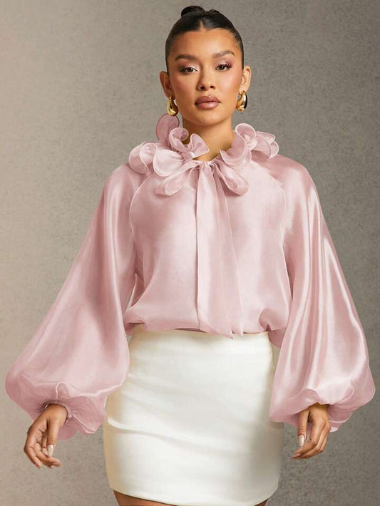 CM-TS725292 Women Elegant Seoul Style Solid Color Ruffle Trim Tie Neck Lantern Sleeve Blouse - Dusty Pink