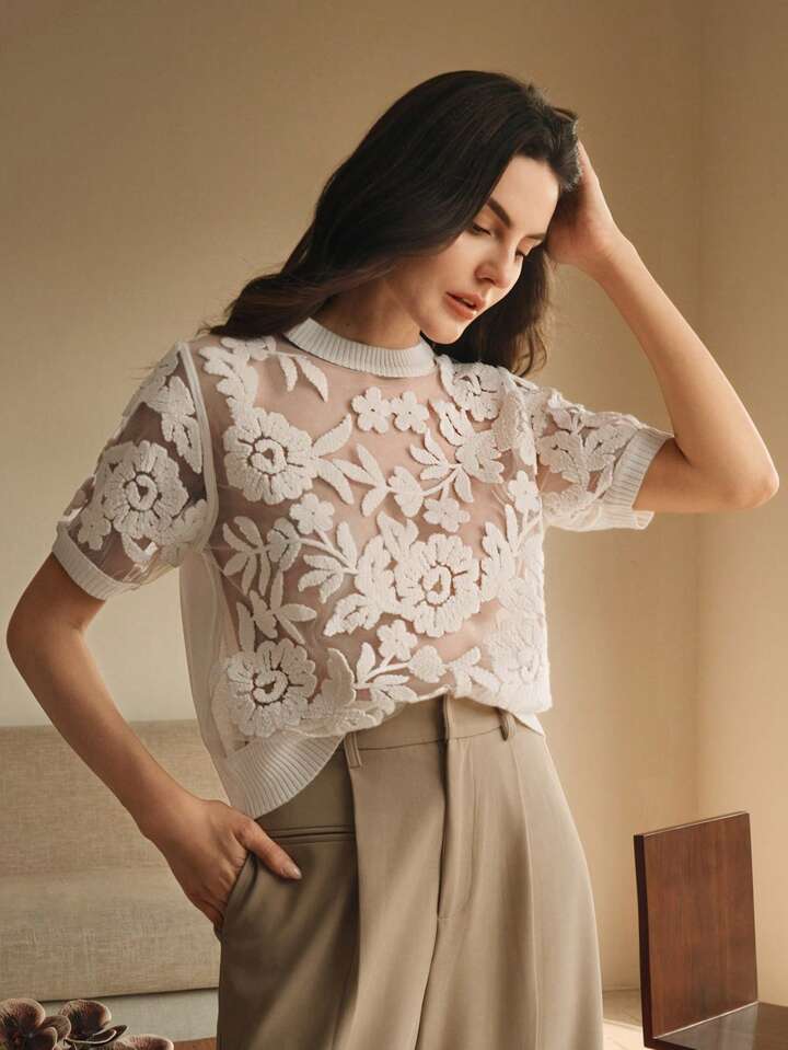 CM-TS314114 Women Casual Seoul Style Floral Mesh Round Neck Short Sleeve Knit Top - White