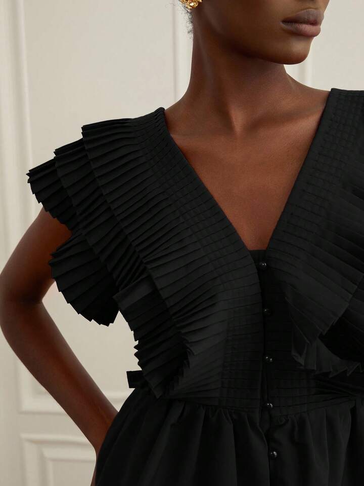CM-TS444989 Women Elegant Seoul Style V-Neck Flounce Sleeve Multi-Layer Ruffle Pleated Blouse - Black