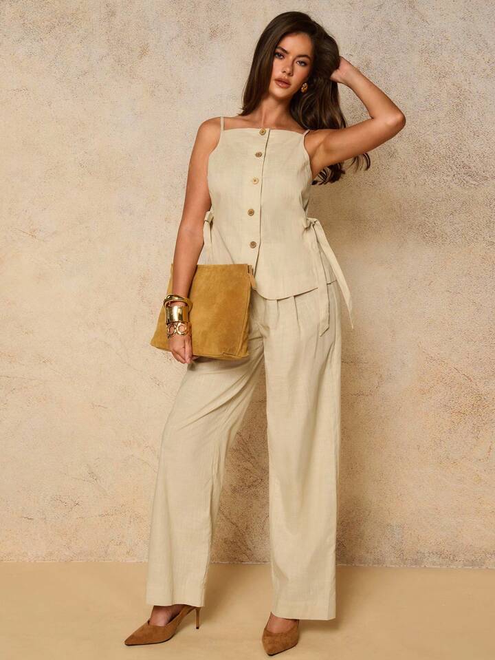 CM-SS765202 Women Casual Seoul Style Solid Color Wooden Button Camisole With Trousers Lounge - Sets