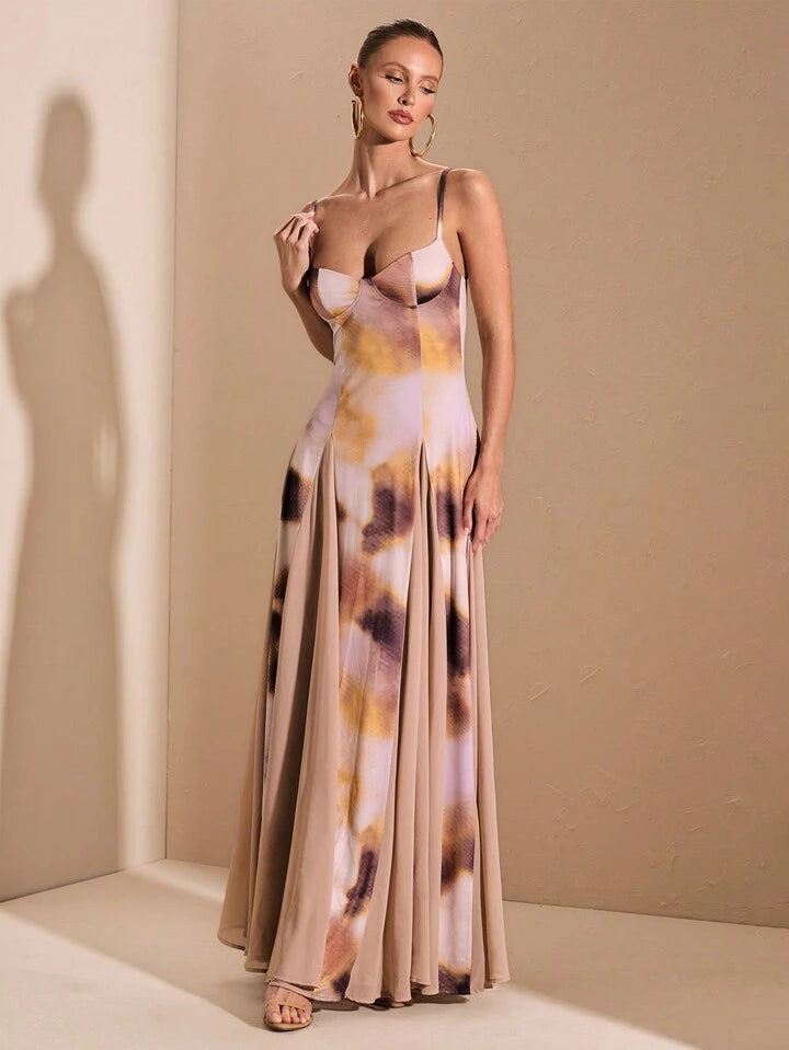 CM-DS498440 Women Elegant Seoul Style Multi-Color Ombre Print Patchwork Oversized Hem Long Dress