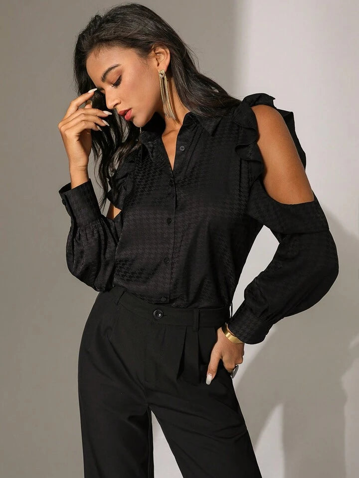 CM-TS583945 Women Casual Seoul Style Spliced Hollow Out Ruffle Off Shoulder Long Sleeve Shirt