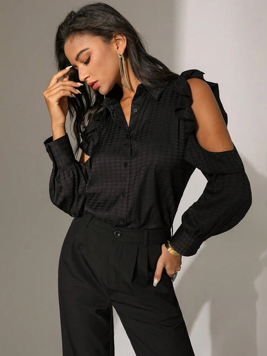 CM-TS583945 Women Casual Seoul Style Spliced Hollow Out Ruffle Off Shoulder Long Sleeve Shirt