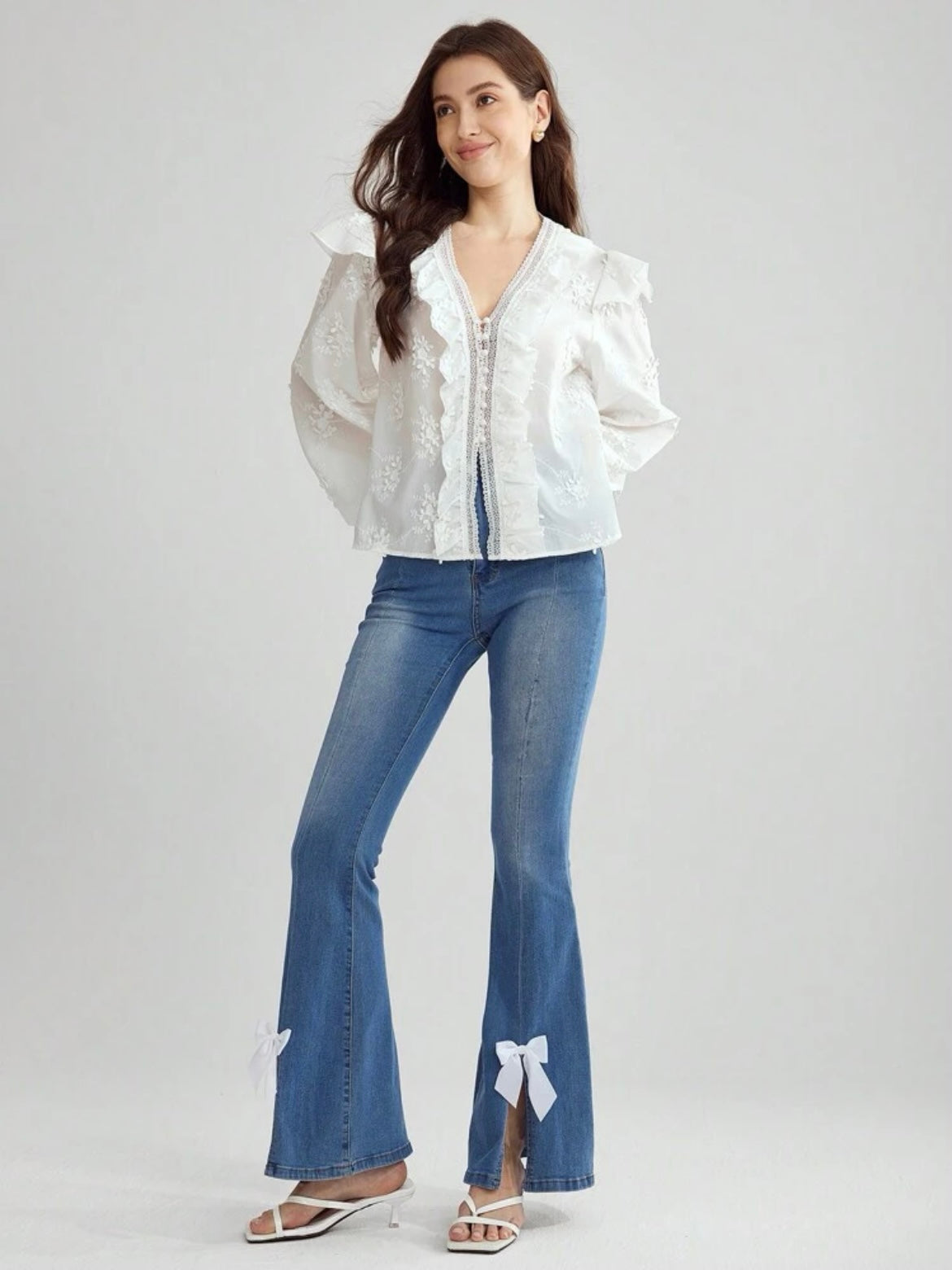CM-TS756622 Women Elegant Seoul Style Floral Embroidery Lantern Sleeve Ruffled Hem Shirt