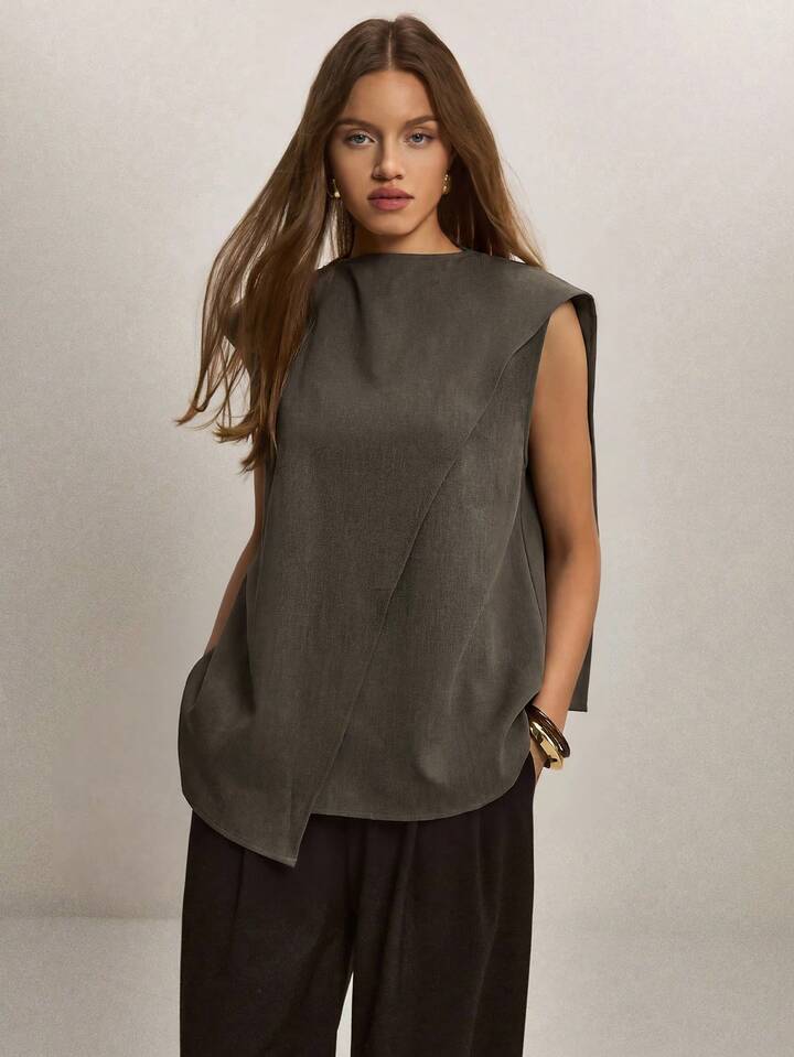 CM-TS980762 Women Elegant Seoul Style Stand Collar Sleeveless Asymmetric Hem Loose Blouse - Dark Green