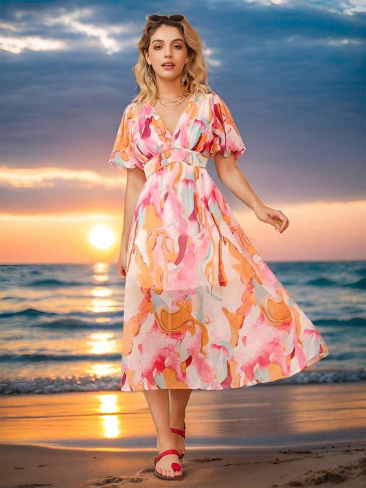 CM-DS422422 Women Trendy Bohemian Style Tie-Dye Printed V-Neck Short Puff Sleeve Large Hem Dress