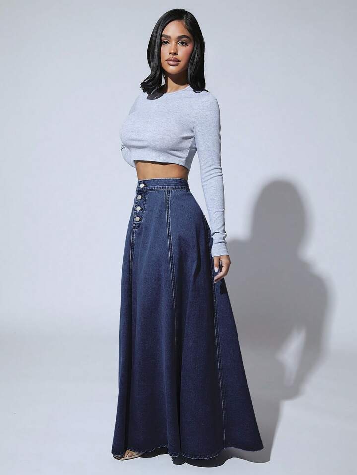 CM-BS705182 Women Casual Seoul Style Dark Wash High Waist Button Front Extra Long Denim Skirt
