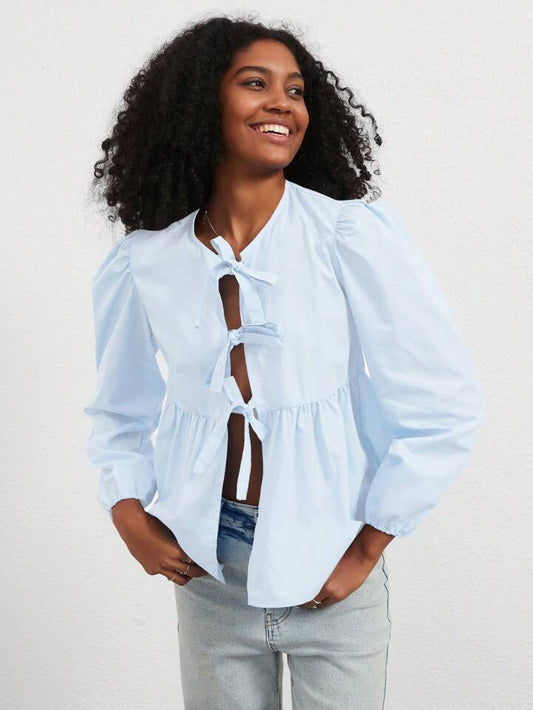 CM-TS617176 Women Casual Seoul Style Print Ruffle Hem Tie Long Sleeve Shirt - Baby Blue