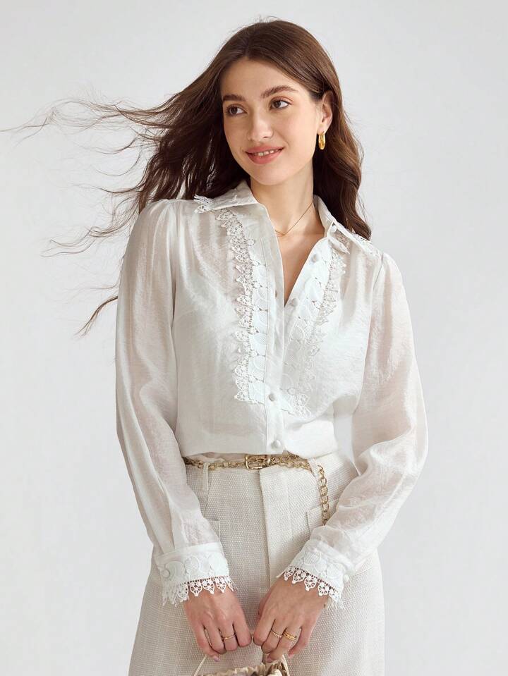CM-TS697741 Women Elegant Seoul Style Collar Neckline Guipure Lace Trim Button Front Shirt - White