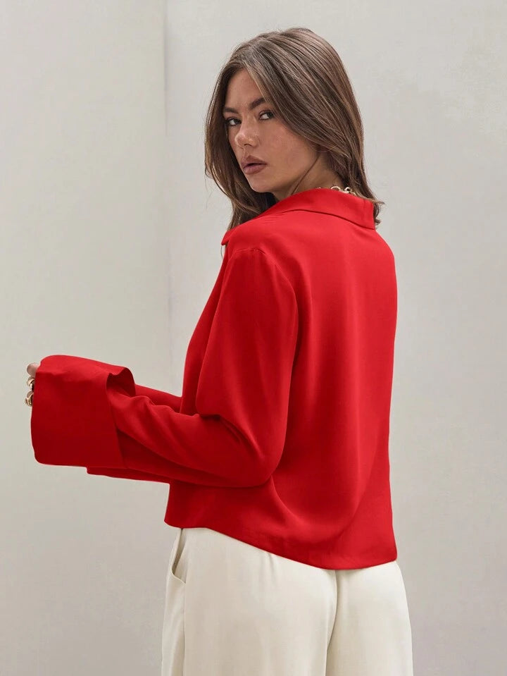 CM-TS896830 Women Trendy Bohemian Style Shirt Collar Front Tie Long Sleeve Shirt - Red
