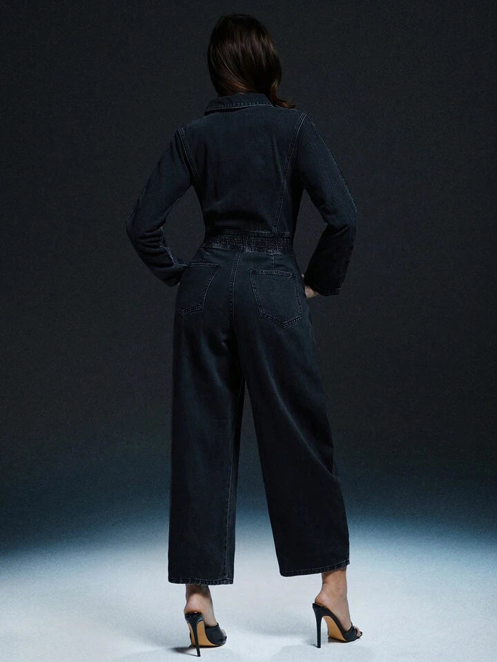 CM-JS488882 Women Casual Seoul Style Solid Color Front Zipper Long Sleeve Pocket Jumpsuit - Black