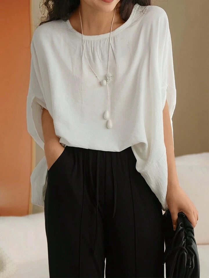 CM-TS906089 Women Trendy Bohemian Style Solid Color Batwing Sleeve Blouse - Beige