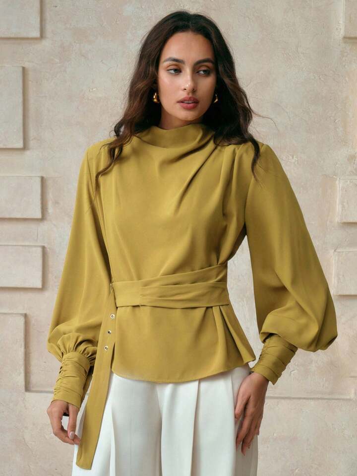 CM-TS912351 Women Elegant Seoul Style Solid Color Swing Lantern Sleeve Asymmetric Ruffle Tie Waist Blouse