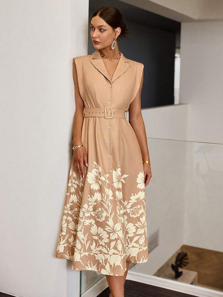 CM-DS419537 Women Elegant Seoul Style Floral Printed Front Button Sleeveless Dress - Khaki