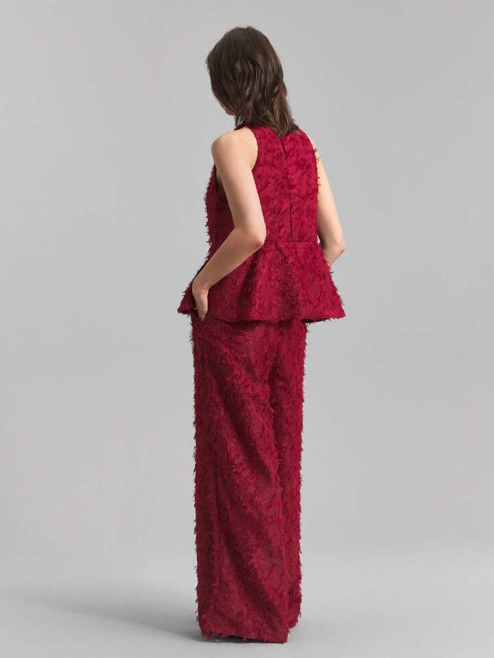 CM-SS069998 Women Elegant Seoul Style Texture Round Neck Sleeveless Top With Wide Leg Pants - Set
