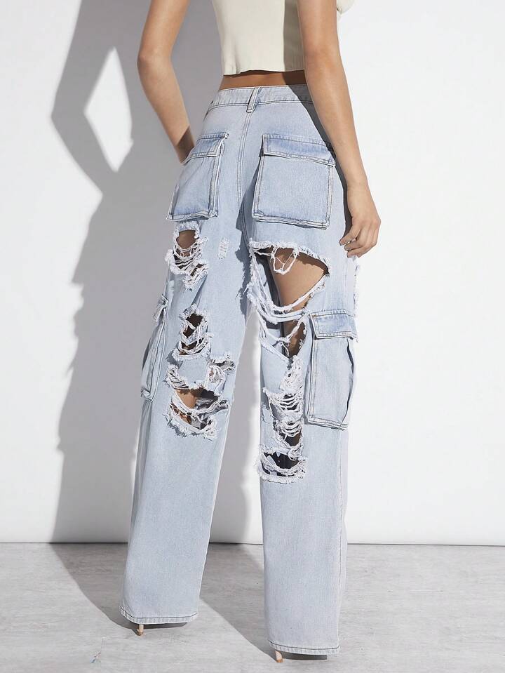 CM-BS658995 Women Casual Seoul Style Light Wash Distressed Buttoned Denim Pants With Pockets
