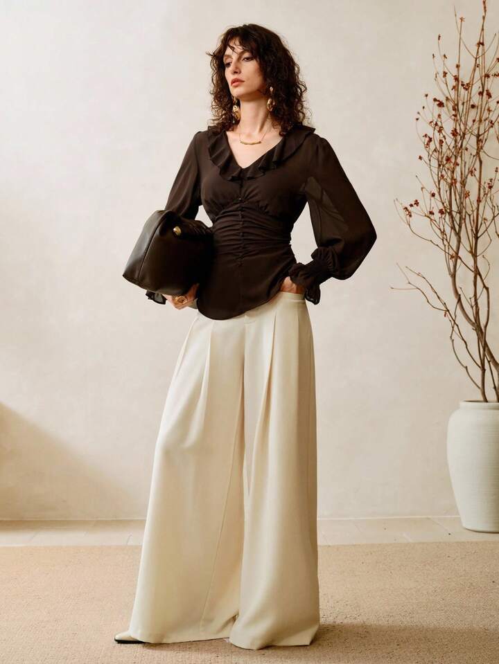 CM-TS909065 Women Elegant Seoul Style Chiffon V-Neck Ruffled Lace Long Sleeve Shirt - Coffee Brown