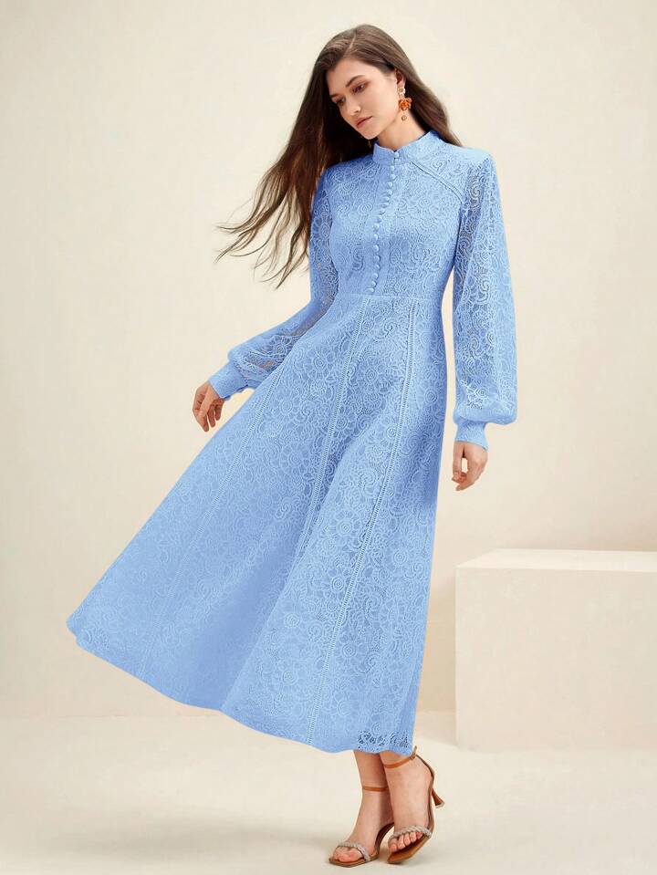 CM-DS730692 Women Elegant Seoul Style Lace Mandarin Collar Long Sleeve A-Line Dress - Baby Blue