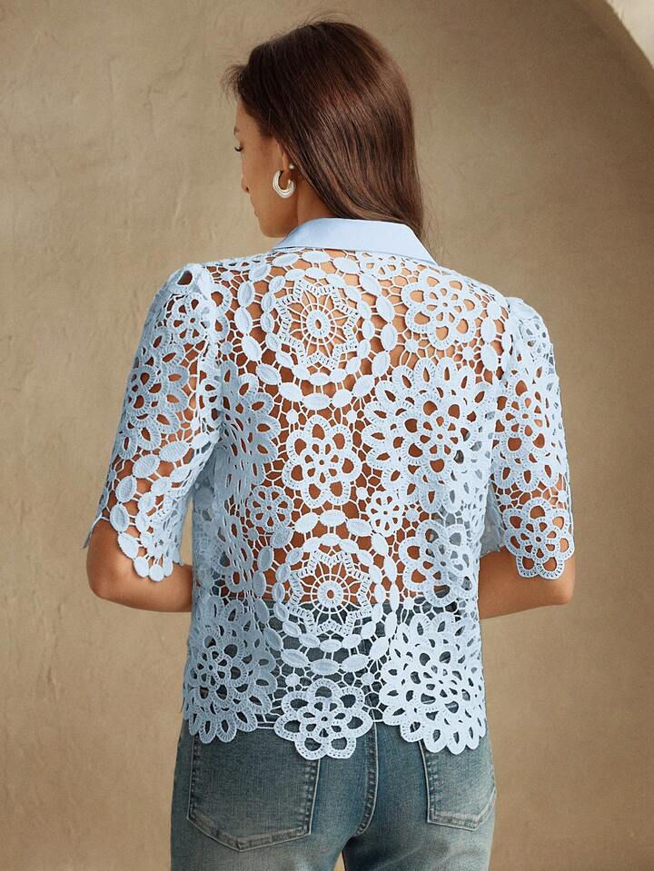 CM-TS564298 Women Casual Seoul Style Collar Neckline Half Sleeve Floral Hollow Out Lace Shirt Blouse - Blue