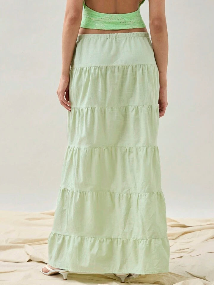 CM-BS019082 Women Trendy Bohemian Style Ultra Low Waist Pleated Maxi Skirt - Mint Green