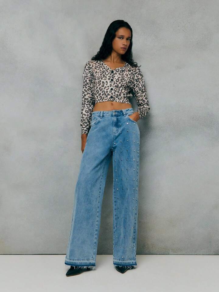 CM-BS572271 Women Casual Seoul Style Light Wash Rhinsetone Studs Embellished Wide-Leg Jeans