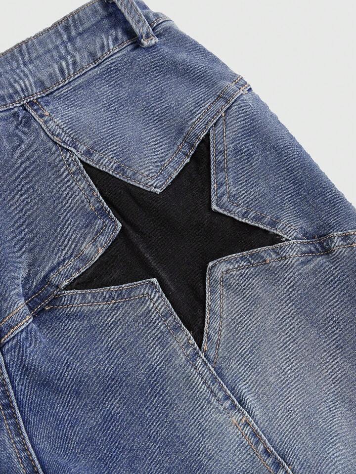 CM-BS882248 Women Casual Seoul Style Punk Y2K Butt Star Embroidered Tight Flared Jeans - Blue