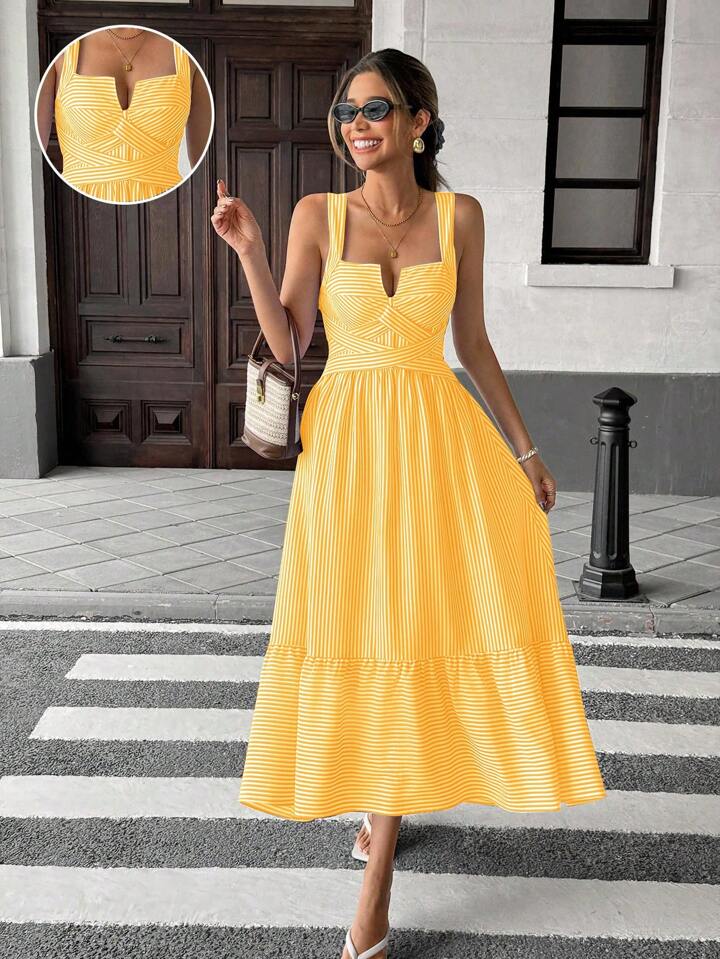 CM-DS108061 Women Trendy Bohemian Style V-Neck Sleeveless Striped Criss-Cross Dress - Yellow