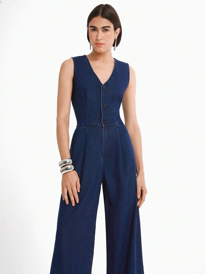 CM-JS313109 Women Casual Seoul Style Dark Wash V-Neck Sleeveless Pocketed Pleated Extra Long Denim Jumpsuit
