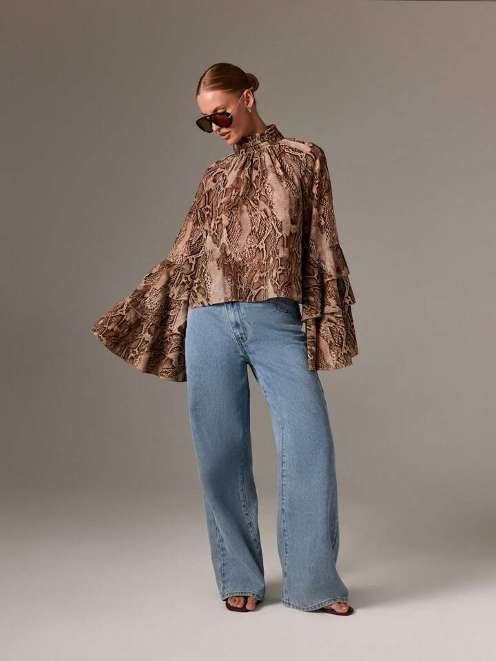 CM-TS424122 Women Elegant Seoul Style High Neck Print Extra Long Bell Sleeve Ruffle Layer Chiffon Blouse