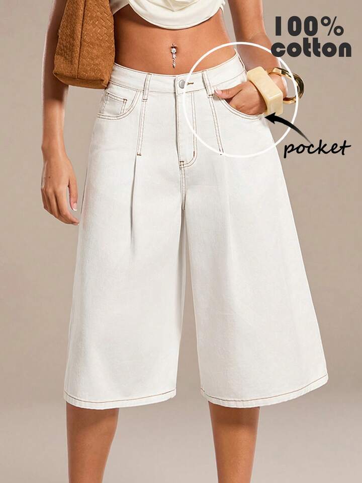 CM-BS133264 Women Casual Seoul Style Mid Waist Pockets Button Wide Leg Jeans - White