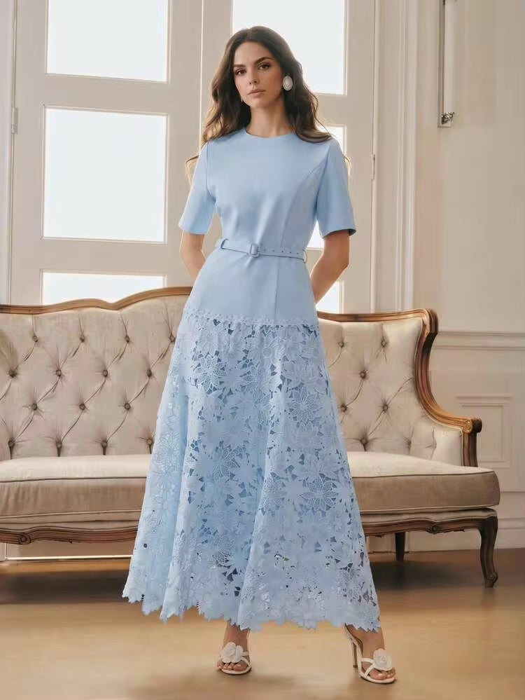 CM-DS750591 Women Elegant Seoul Style Round Neck Short Sleeve Water-Soluble Lace Patchwork A-Line Dress - Blue